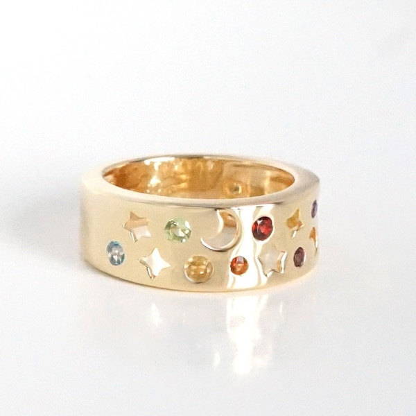 18k Yellow Gold Vermeil Celestial Cutout Gem Ring, Moon and Star Silhouette Gem Band, Rainbow Gem Thick Band Ring, Star and Moon Cutout Ring