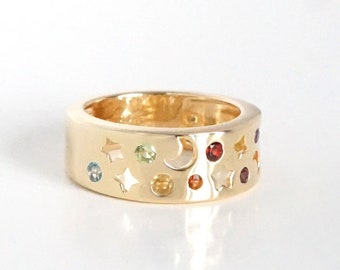 18k Yellow Gold Vermeil Celestial Cutout Gem Ring, Moon and Star Silhouette Gem Band, Rainbow Gem Thick Band Ring, Star and Moon Cutout Ring