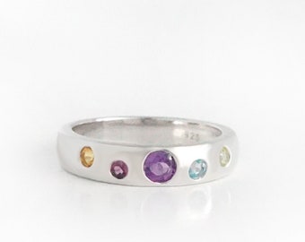 Rhodium Plated Sterling Silver Gem Ring, Rainbow Gem Ring, Multi Gem Band Ring, Modern Silver Dome Ring, Dainty Semi Precious Gemstone Ring