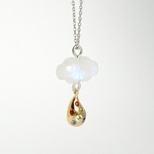 Moonstone Cloud Rainbow Gem Drop Pendant, Sterling Silver Rainbow Gem Raindrop Pendant, Dainty Novelty Pendant, Cute Rainbow Cloud Pendant