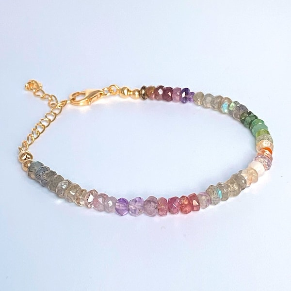 Pastel Rainbow Gem Bracelet, Multi Gem Bracelet, Pastel Color Gem Bracelet, Rondelle Bead Bracelet, Dainty Stacking Bead Bracelet,