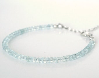 Aquamarine Faceted Rondelle Bracelet, Blue Aquamarine Bracelet, Blue Gem Bead Bracelet, Daily Dainty Stack Bracelet, Bracelets for her