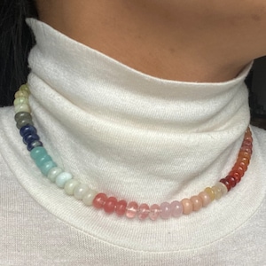 Rainbow Knotted Bead Necklace, Ombre Gem Bead Necklace, Graduating Gem Necklace, Multi Gem Candy Necklace, Smooth Rondelle Rainbow Necklace