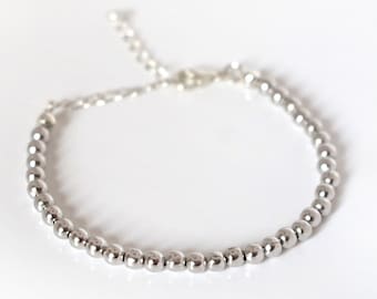 Rhodium Plated Sterling Silver Bead Bracelet, Small bead Bracelet, Silver Dainty Bead Bracelet,  4mm Silver Ball Bead Bracelet