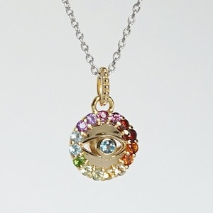 18k Yellow Gold Vermeil Evil Eye Rainbow Gem Charm Pendant, Multi Gem Evil Eye Pendant, Evil Eye Charm Necklace, Evil Eye Medallion Pendant
