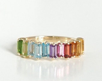 Semi Precious Rainbow Baguette Ring, 18k Yellow Gold Vermeil Colorful Gem Ring, Baguette Zigzag Gem Band, Dainty Multi Color Gem Stack Ring