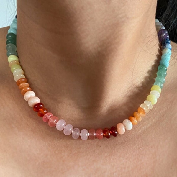 Best Seller Hand Knotted Rainbow Gem Necklace, Multi Color Rondelle Bead Choker, Knotted Silk Candy Gemstone Necklace, Colorful Bead Jewelry