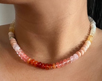 Sunset Gemstone Necklace, Red Pink Gem Bead Choker, Hand Knotted Chunky Necklace, Multi Gem Candy Necklace, Smooth Rondelle Rainbow Necklace