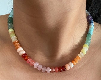 Collier de pierres précieuses arc-en-ciel noué à la main, tour de cou en perles rondes multicolores, collier noué de pierres précieuses de bonbons en soie, bijoux en perles colorées