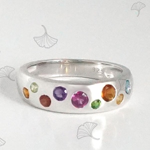 Rhodium Plated Sterling Silver Rainbow Gem Band Ring, Multi Gem Dome Ring, Colorful Modern Gem Band Ring, Dainty Multicolor Gem Dome Ring