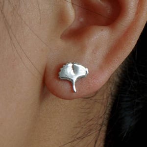 Rhodium Plated Sterling Silver Ginkgo Leaf Stud Earrings, Silver Leaf Button Earrings, Dainty Plant Studs, Gingko Shape Tiny Leaf Earrings