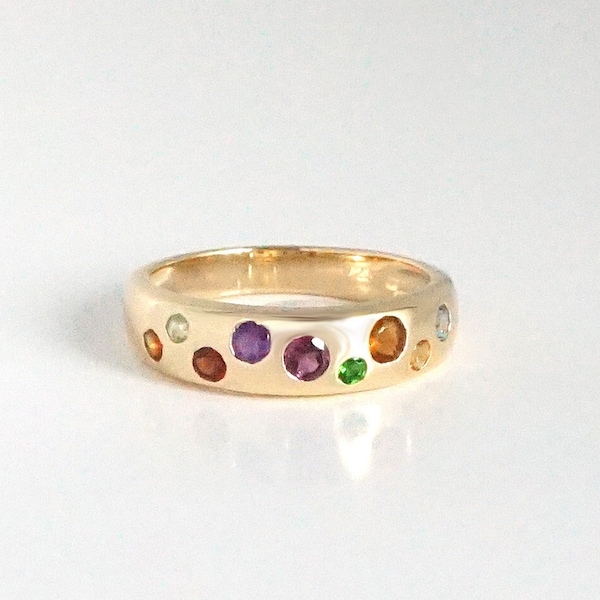 18k Vermeil Yellow Gold Gem Ring, Rainbow Gem Ring, Multi Gem Gold Band Ring, Modern Gold Ring, Dainty Gem Ring, Multi Rainbow Gem Dome Ring