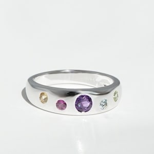 Rhodium Plated Sterling Silver Gem Ring, Rainbow Gem Ring, Multi Gem Band Ring, Modern Silver Dome Ring, Dainty Semi Precious Gemstone Ring