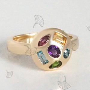 18k Yellow Gold Vermeil Multi Gem Dome Ring, Rainbow Gem Round Dome Ring, Colorful Gem Gold Cocktail Ring, Modern Statement Dainty Gem Ring