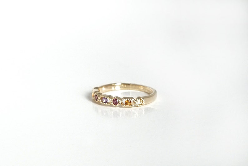 18k Yellow Gold Vermeil Gem Rainbow Ring, Everyday Multi Gem Ring, Dainty Ombre Color Gem Stack Ring, Millgrain Bead Set Multicolor Gem Ring image 2
