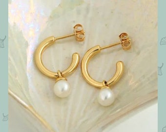 Créoles en or jaune 18 carats en vermeil et pendantes de perles, Boucles d'oreilles rondes en nacre blanche, Créoles rondes en nacre blanche