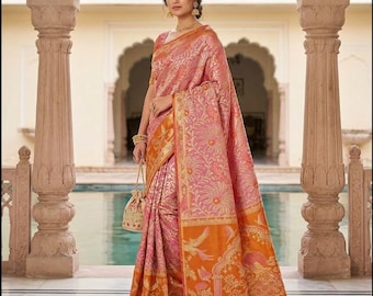 Orange Kanchipuram Silk Saree: Handloom Tissue Brocade Gold Zari Meenakari | Silk Mark Certified