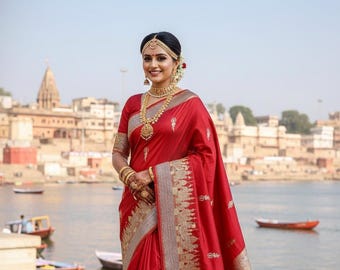 Telar manual Banarasi rojo Kashi Ghat Saree: Katan Silk Sona Rupa Meenakari / Silk Mark Certified