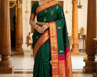 Bottle Green Kanchipuram Silk Saree: Korvai 2G Gold Handloom Kanjivaram | Silk Mark Certified | Kanchipattu