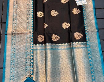 Banarasi Handloom Pure Katan Silk Antique Zari Kaduwa Weaving Contrast Borders Saree | Silk Mark Certified | Indian Traditional Sarees