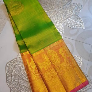 Dual Tone Green Kanchipuram/Kanjivaram Handloom 2G Gold Zari Kalyana Pallakku Bridal Silk Saree | Silk Mark Certified | Kanchipattu