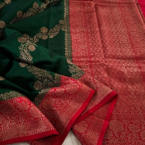 Bottle Green & Red Banarasi Handloom Tussar Raw Silk Kaduwa Weaving Saree | Silk Mark Certified | Dyeable to your choice of color