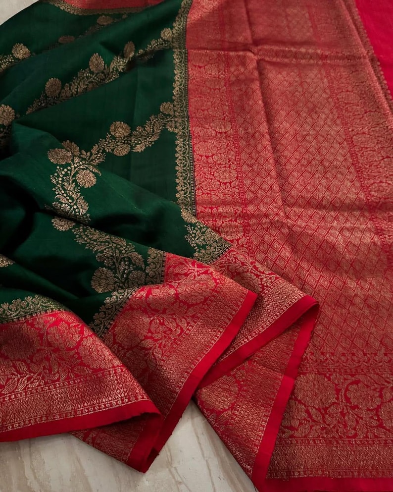 Bottle Green & Red Banarasi Handloom Tussar Raw Silk Kaduwa Weaving Saree | Silk Mark Certified | Dyeable to your choice of color