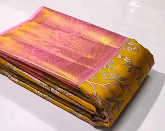 Yellow and Pink Kanchipuram/Kanjivaram Handloom Tissue Brocade 4D Kuttu Meenakari Silver & Gold Zari Pattu Silk Saree| Silk Mark Certified