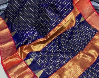 Dual Tone Blue Chanderi Handloom Katan Silk Self Zari Checks and Buttas Nakshi Borders Saree | Chanderi Traditional Saree