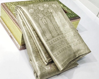 Pastel Ivory Kanchipuram/Kanjivaram Handloom Silver Zari Tissue Brocade Bridal Silk Saree | Silk Mark Certified | Traditional Kanchipattu