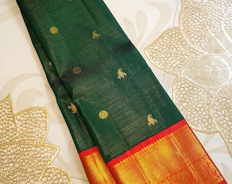 Bottle Green & Red Kanchipuram Silk Saree: Vairaoosi Handloom 2G Gold Zari, Silk Mark Certified
