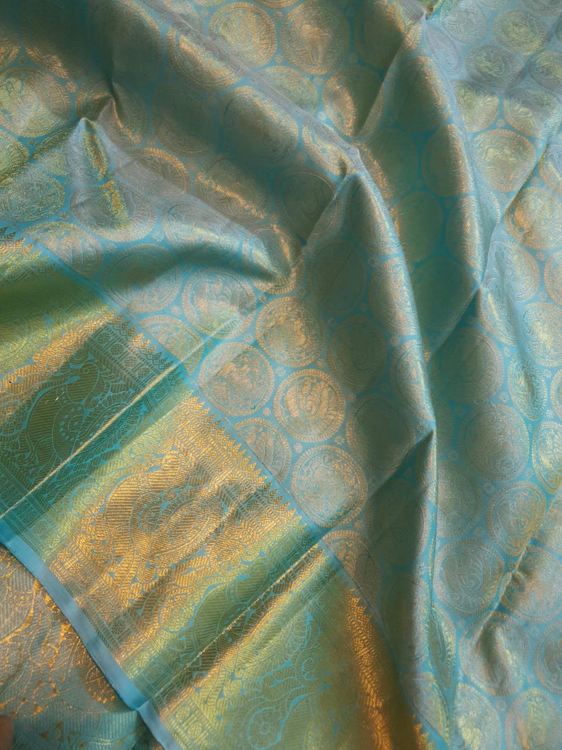 Pastel Turquoise Kanjivaram Handloom Gold Zari Silk Saree | Silk Mark Certified | Kanchipattu Traditional saree