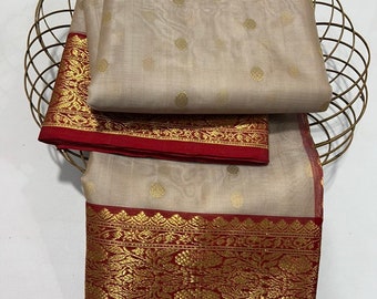 Beige and Red Chanderi Handloom Pure Katan Silk Nakshi Borders Gold Zari Buttas Saree  | Chanderi Traditional Saree