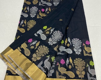 Black Chanderi Handloom Birds and Trees Design Meenakari Ganga Jamuna Pattu Silk Saree | Chanderi Contemporary Pure Handloom Silk Saree