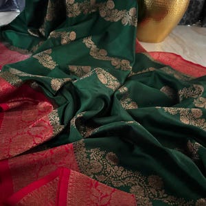 Bottle Green & Red Banarasi Handloom Tussar Raw Silk Kaduwa Weaving Saree | Silk Mark Certified | Dyeable to your choice of color