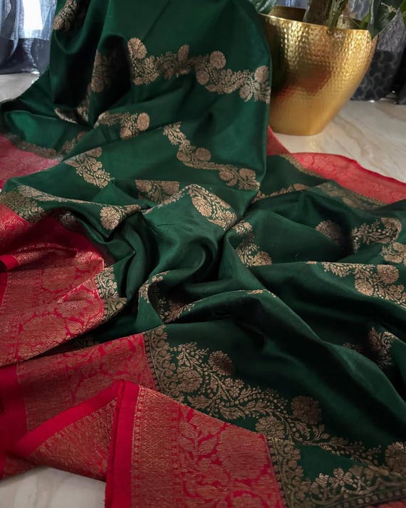 Green & Red Banarasi Tussar Raw Silk Saree: Handloom Kaduwa Weaving | Silk Mark Certified | Dyeable