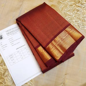 Maroon Kanchipuram/Kanjivaram Handloom 4G Pure Gold Zari Muthu Kattam Silk Saree | Silk Mark Certified | Zari Tested Kanchipattu | Bridal