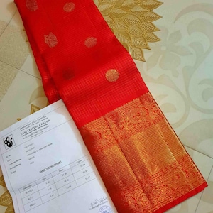Red Kanchipuram/Kanjivaram Handloom 4G Pure Gold Zari Checks and Buttas Pattu Silk Saree |Silk Mark Certified | Zari Tested Kanchipattu