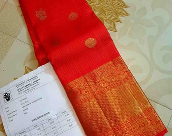 Red Kanchipuram/Kanjivaram Handloom 4G Pure Gold Zari Checks and Buttas Pattu Silk Saree |Silk Mark Certified | Zari Tested Kanchipattu