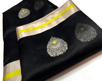 Black Chanderi Handloom Pure Pattu Silk Silver Zari Eknal Meenakari Buttas Saree | Chanderi Contemporary Handloom Saree