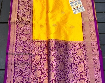 Banarasi Handloom Pure Katan Silk Antique Zari Kaduwa Weaving Contrast Borders Sarees | Silk Mark Certified