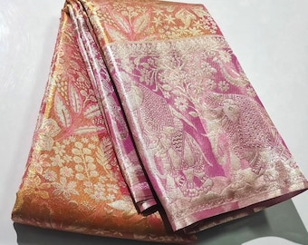 Peach & Pink Kanchipuram/Kanjivaram Handloom Gold and Silver Zari Tissue Brocade Silk Saree | Silk Mark Certified | Kanchipattu Traditional