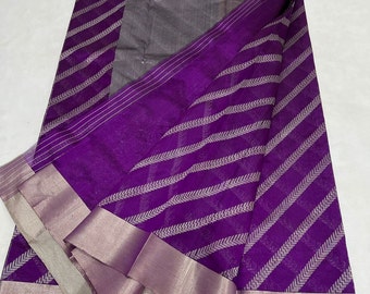 Purple Chanderi Handloom Silver Zari Diagonal Stripes Pure Pattu Silk Saree | Chanderi Contemporary Pure Handloom Silk Saree