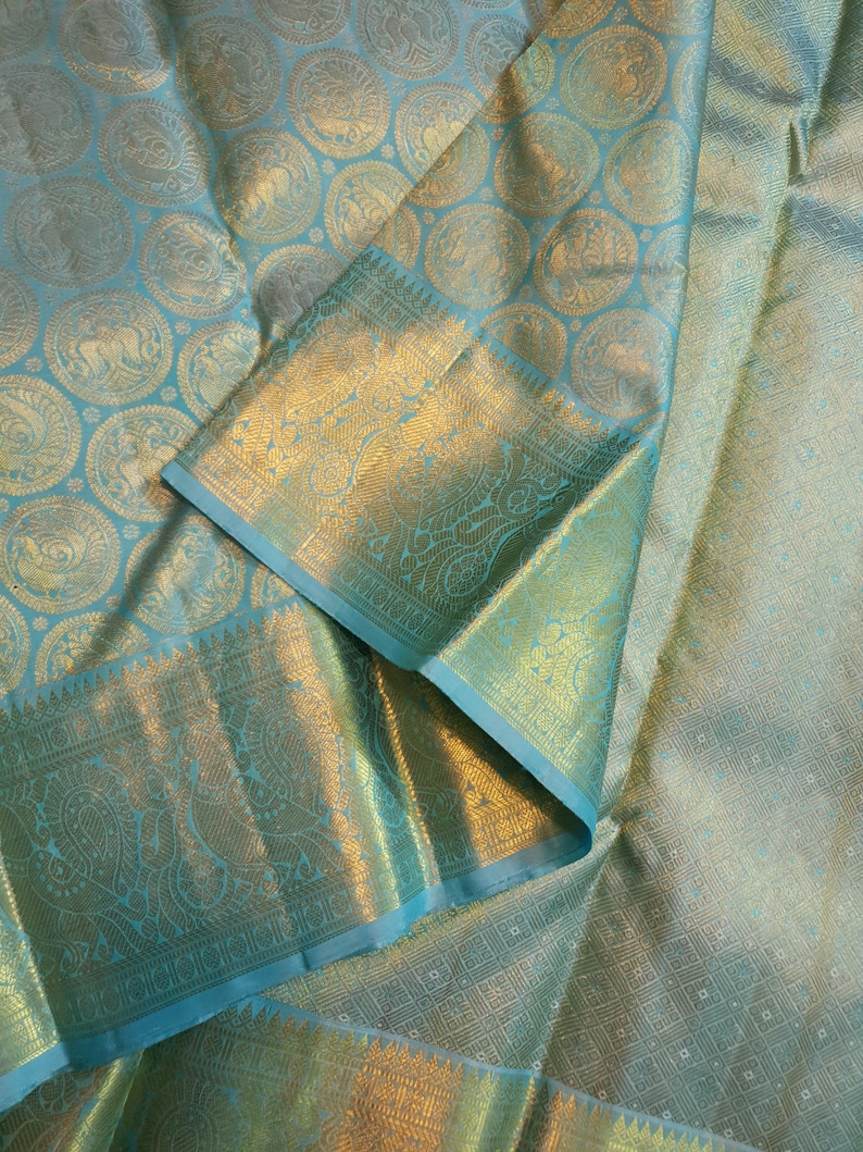Pastel Turquoise Kanjivaram Handloom Gold Zari Silk Saree | Silk Mark Certified | Kanchipattu Traditional saree