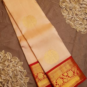 Beige & Red Kanchipuram/Kanjivaram Handloom 2G Gold Zari Pattu Silk Saree | Silk Mark Certified | Kanchipattu Traditional Bridal Saree