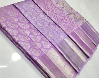 Lavender Kanchipuram/Kanjivaram Handloom Resham Meenakari Brocade Pure Silk Sarees | Silk Mark Certified | Kanchipattu Traditional Saree