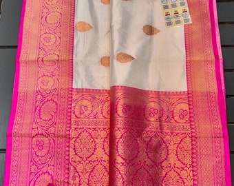 Banarasi Handloom Pure Katan Silk Antique Zari Kaduwa Weaving Contrast Borders Saree | Silk Mark Certified | Indian Traditional Sarees