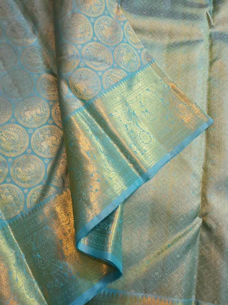 Pastel Turquoise Kanjivaram Handloom Gold Zari Silk Saree | Silk Mark Certified | Kanchipattu Traditional saree