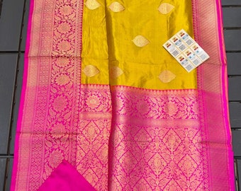 Banarasi Handloom Pure Katan Silk Antique Zari Kaduwa Weaving Contrast Borders Saree | Silk Mark Certified | Indian Traditional Sarees