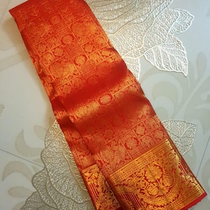 Chilly Red Kanchipuram/Kanjivaram Handloom 2G Brokat Gold Zari Braut Seide Saree | Seidenzeichen zertifiziert | Kanchipattu traditionelle Saree